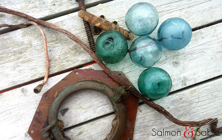 7 Antique Japanese Blown Glass Fishing Floats Knotted Rope